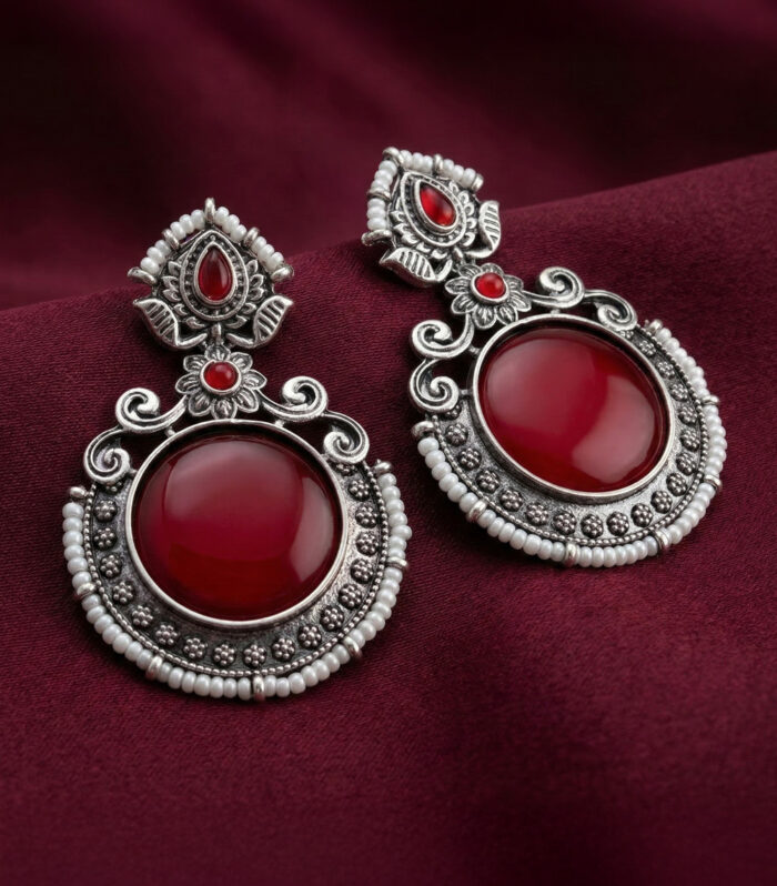 Silver Oxidised Red Stone Earring1