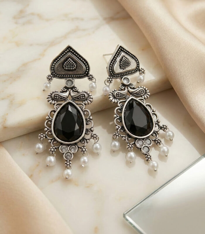 Silver Oxidised Black Stone Earring