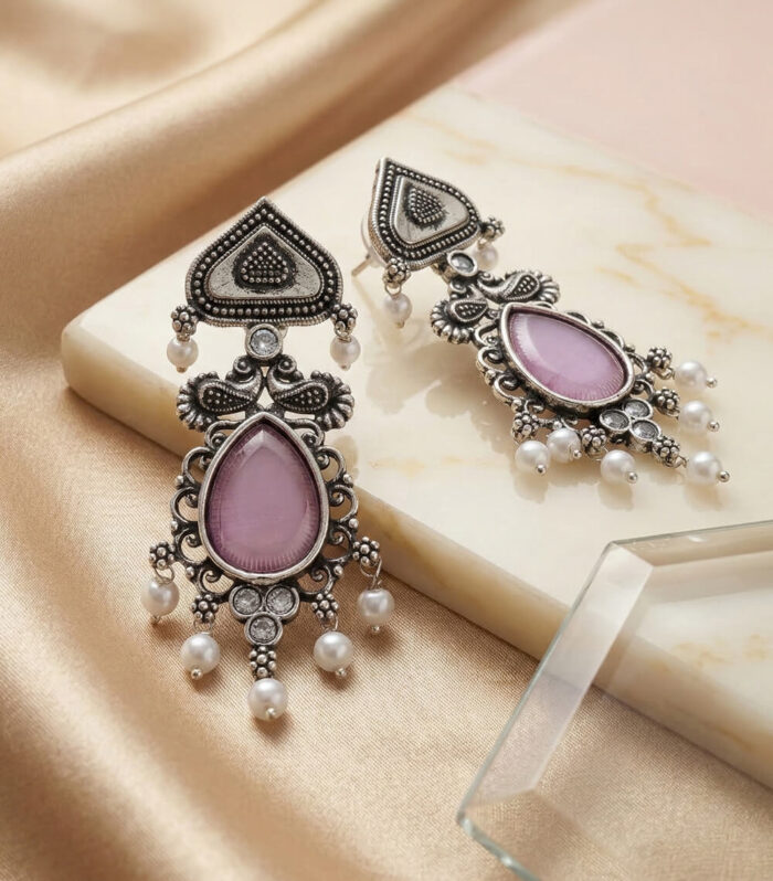 Silver Oxidised Light Pink Stone Earring