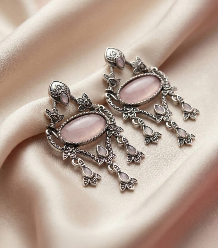Silver Oxidised Oval Pink Stone Earring