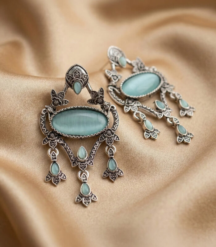 Silver Oxidised Oval Green Stone Earring