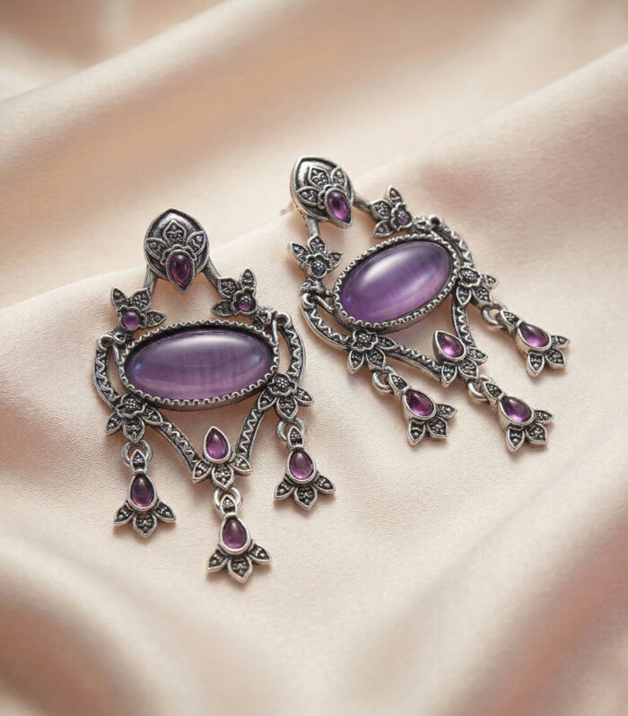 Silver Oxidised Oval Purple Stone Earring