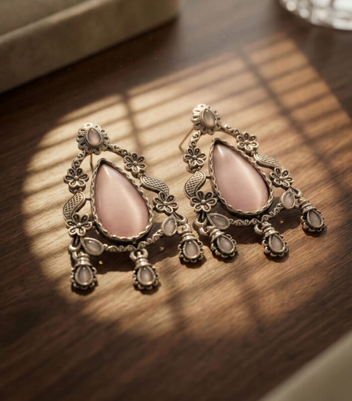 Silver Oxidised Teardrop Pink Stone Earring