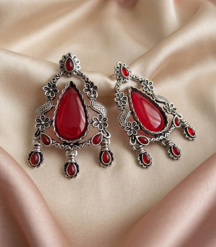 Silver Oxidised Red Teardrop Stone Earring