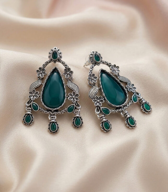 Silver Oxidised Green Teardrop Stone Earring