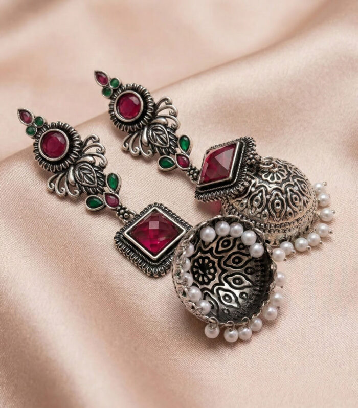 Silver Oxidised Ruby Toned Stone Jhumka