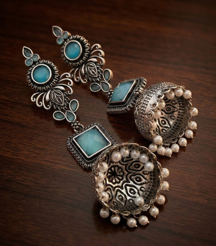 Silver Oxidised Blue Toned Stone Jhumka