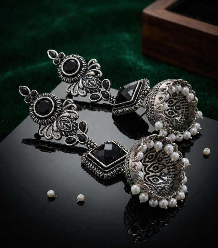 Silver Oxidised Black Toned Stone Jhumka