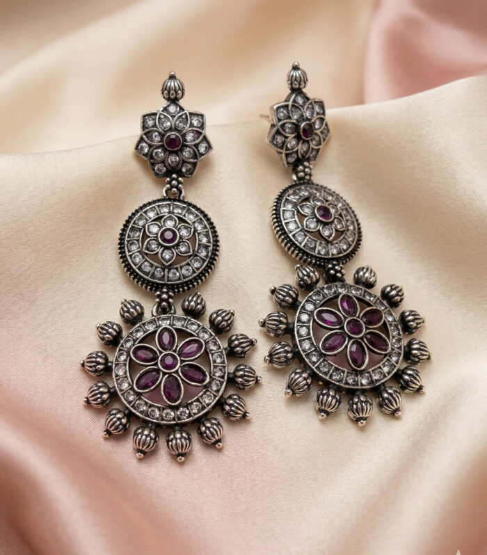 Silver Oxidised Ruby-Toned Stone Jhumka
