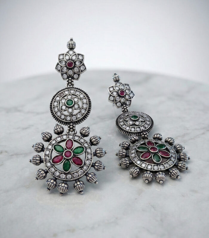 Silver Oxidised Multi Toned Stone Jhumka