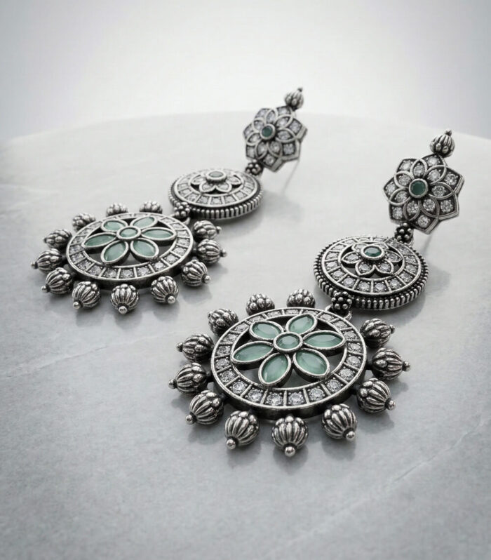 Silver Oxidised Green Stone Jhumka