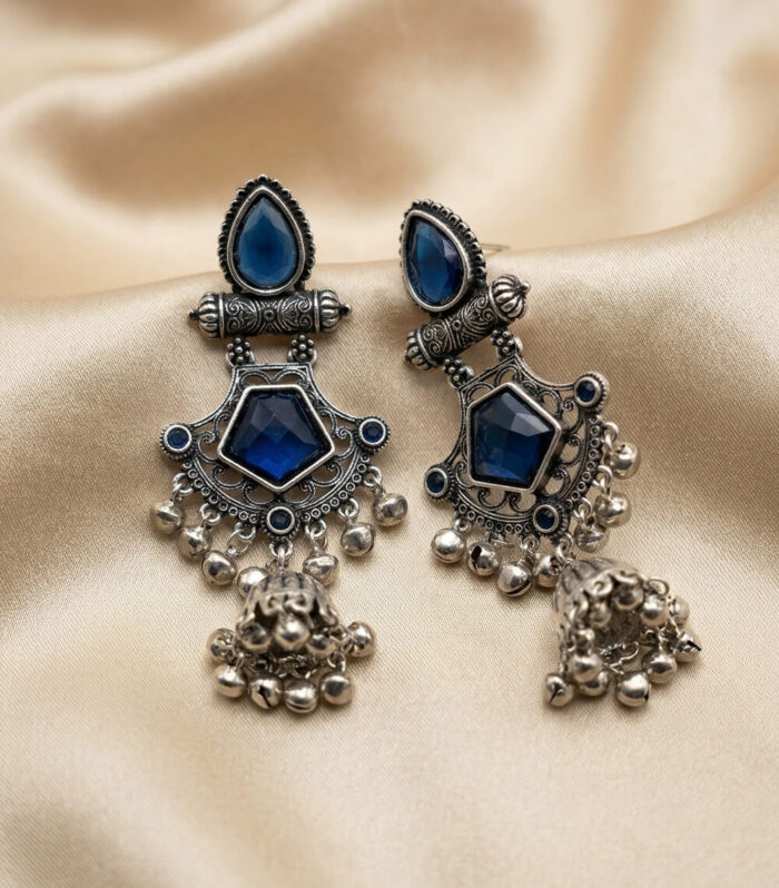 Silver Oxidised Deep Blue Stone Jhumka