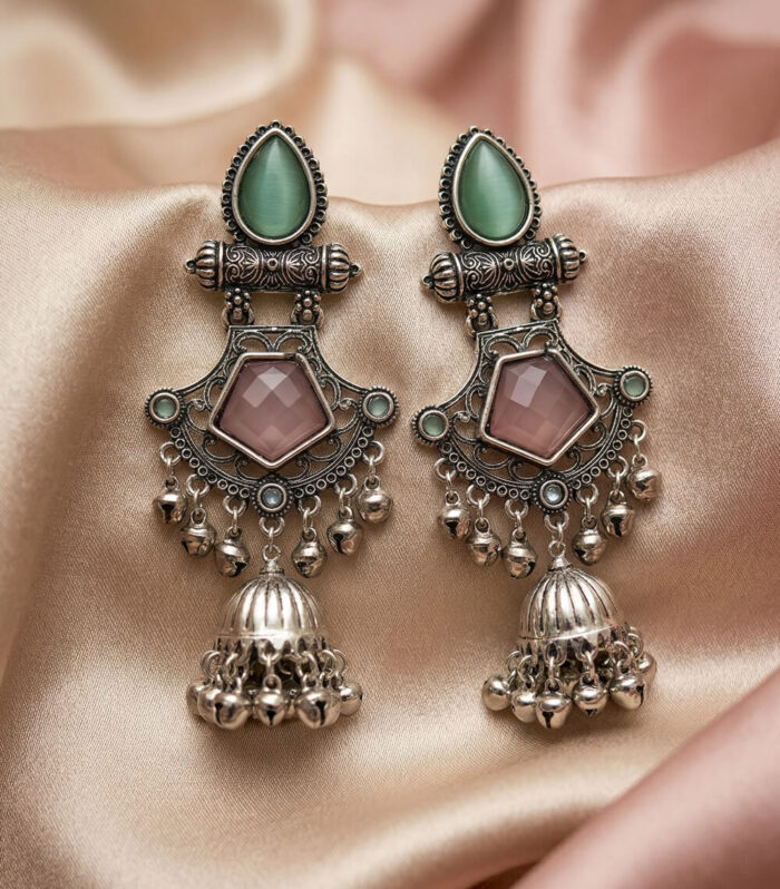 Silver Oxidised Green Pink Stone Jhumka