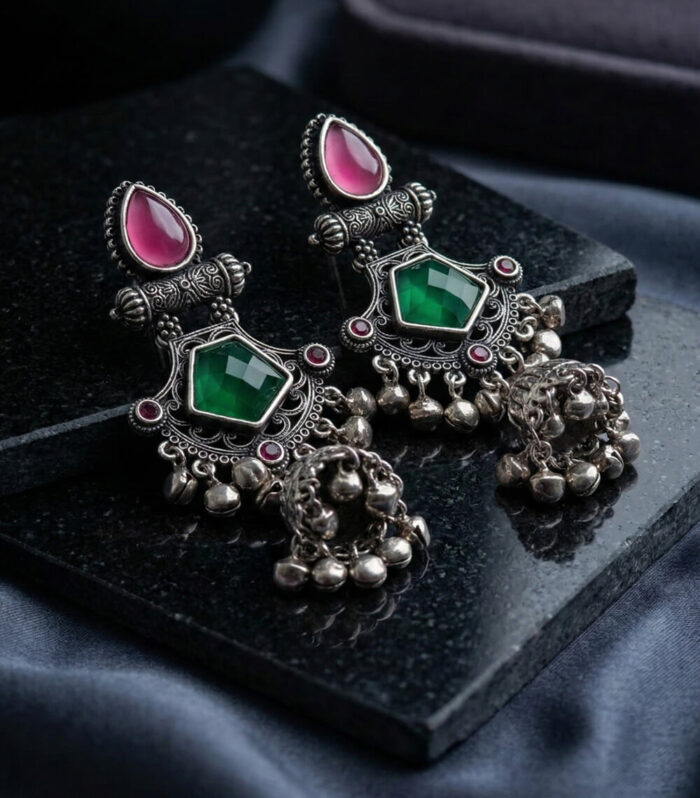 Silver Oxidised Pink Green Stone Jhumka