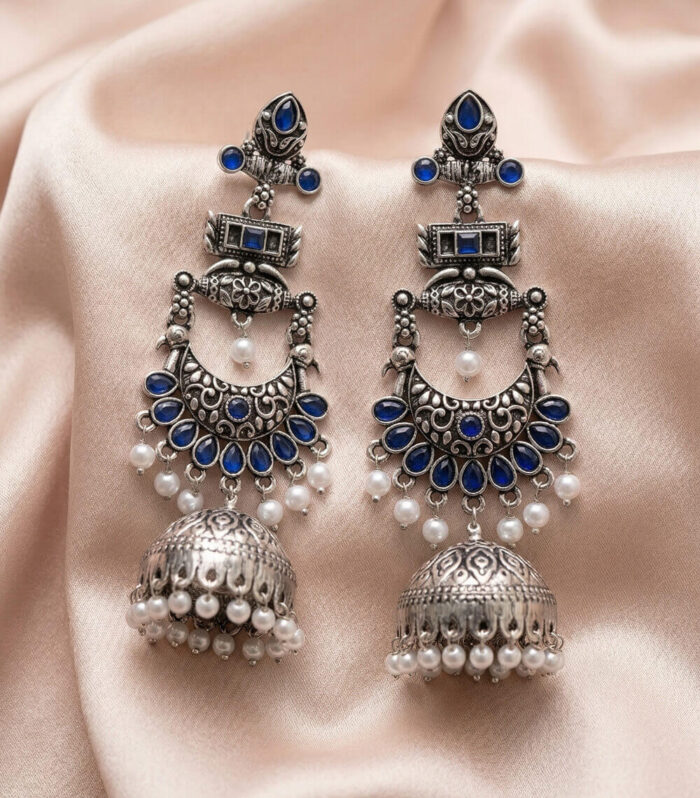 Silver Oxidised Deep Blue Stone Jhumka