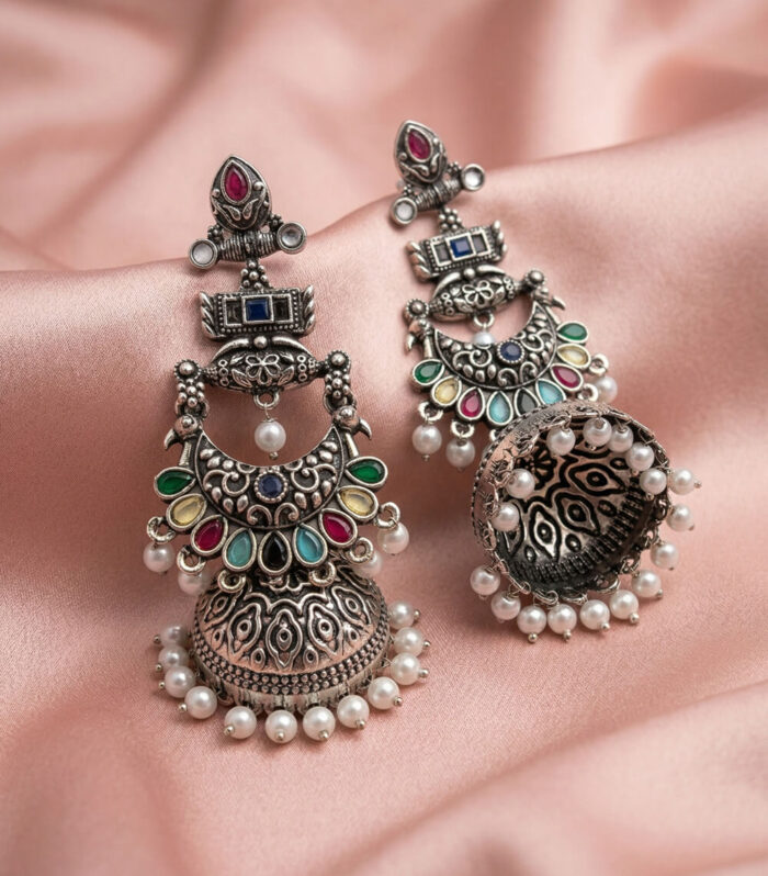 Silver Oxidised Multi Colour Stone Jhumka