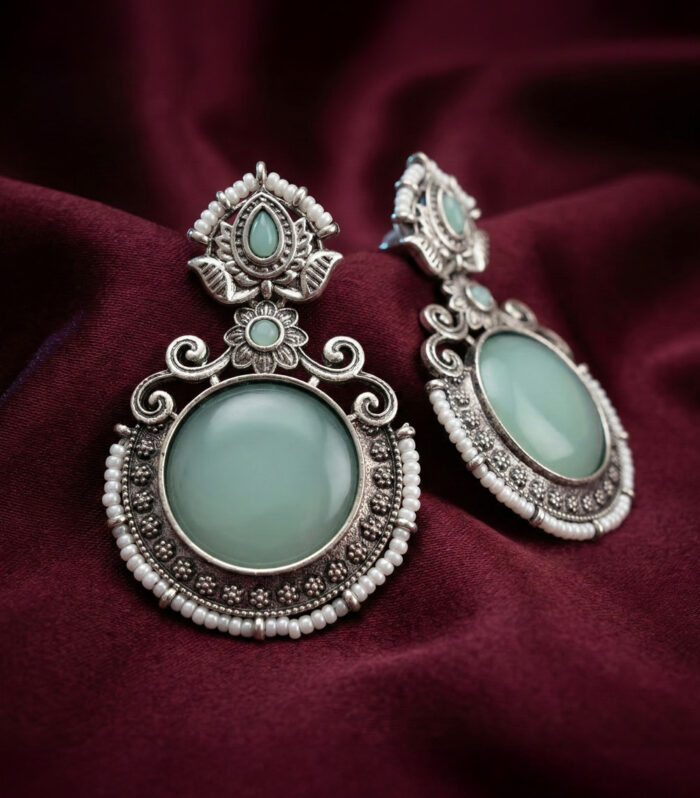 Silver Oxidised Sea Green Stone Earrings