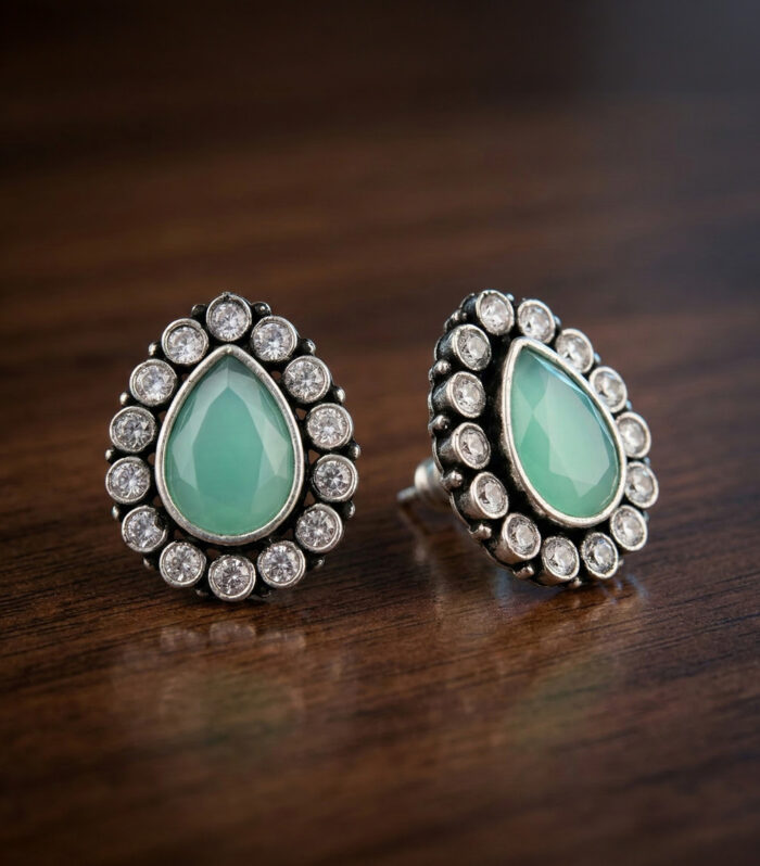 Silver Oxidised Green Stone Stud