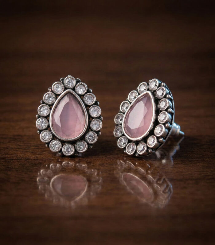 Silver Oxidised Pink Stone Stud