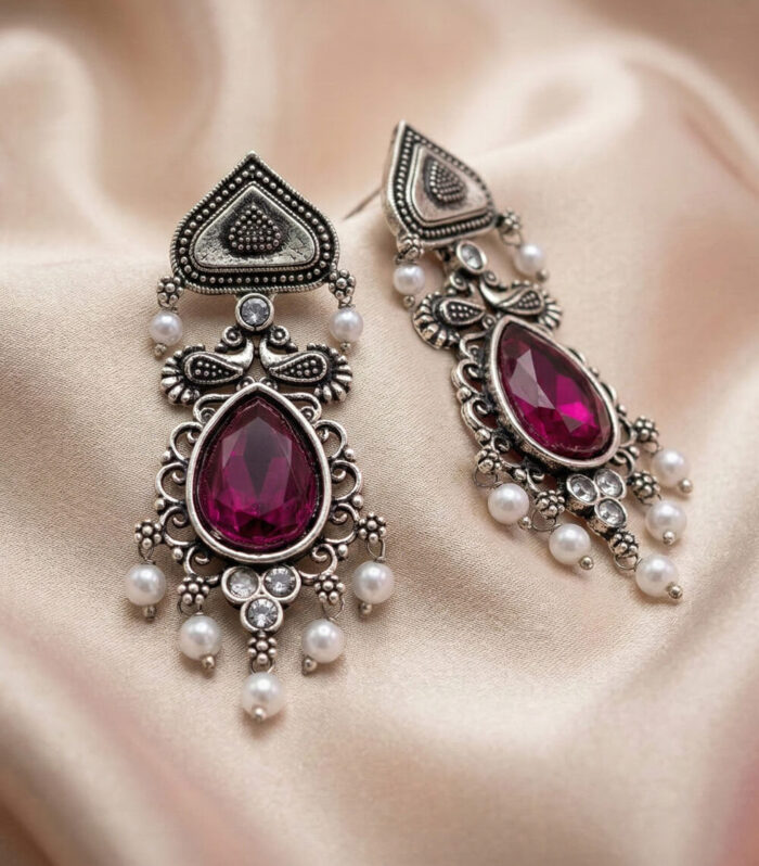 Silver Oxidised Pink Stone Pearl Earring